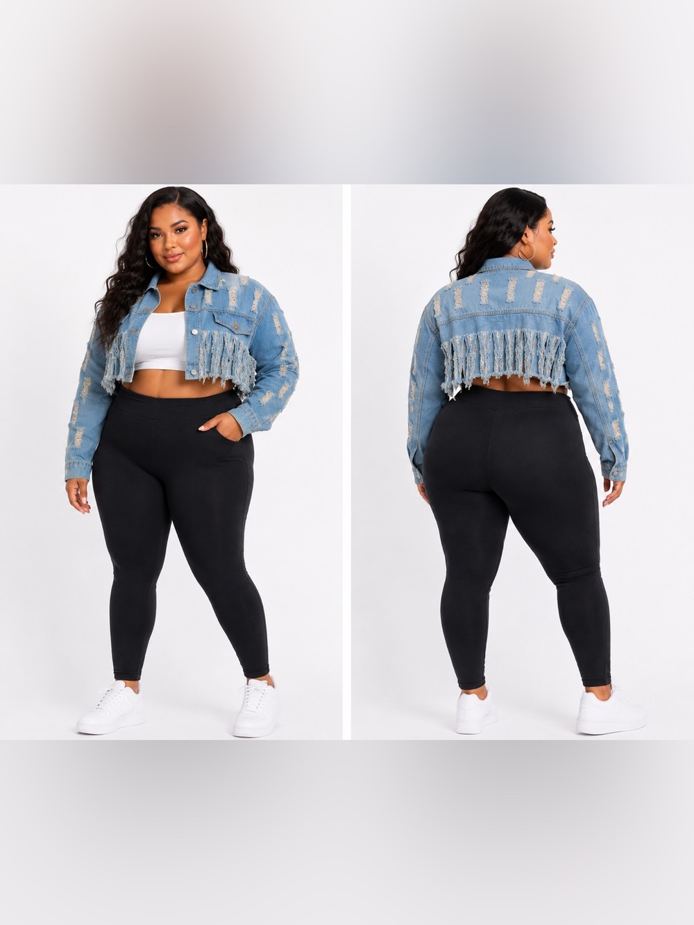 Plus Size Distressed Cropped Denim Jacket - Light Blue